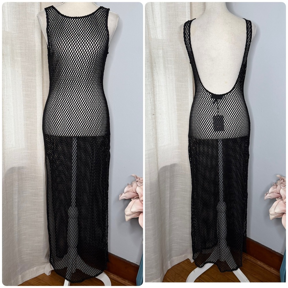 NWT Michael Costello x REVOLVE Fishnet Mesh Maxi Dress Side Slit Womens XS Black